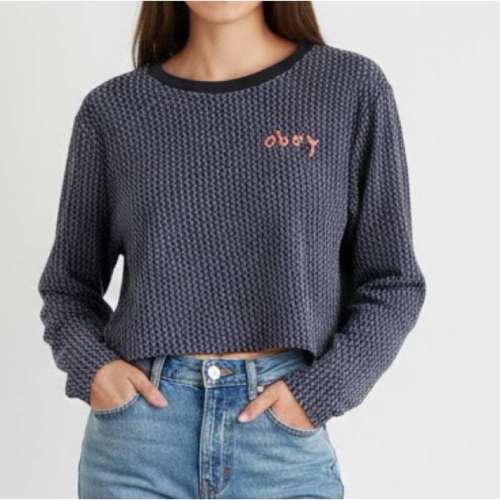 Obey Blue Purple Cropped Logo Pullover Sweater Large